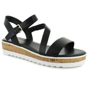 Marc Fisher Grandie Black Faux Leather Wedge Sandals Shoes Womens Size 9.5